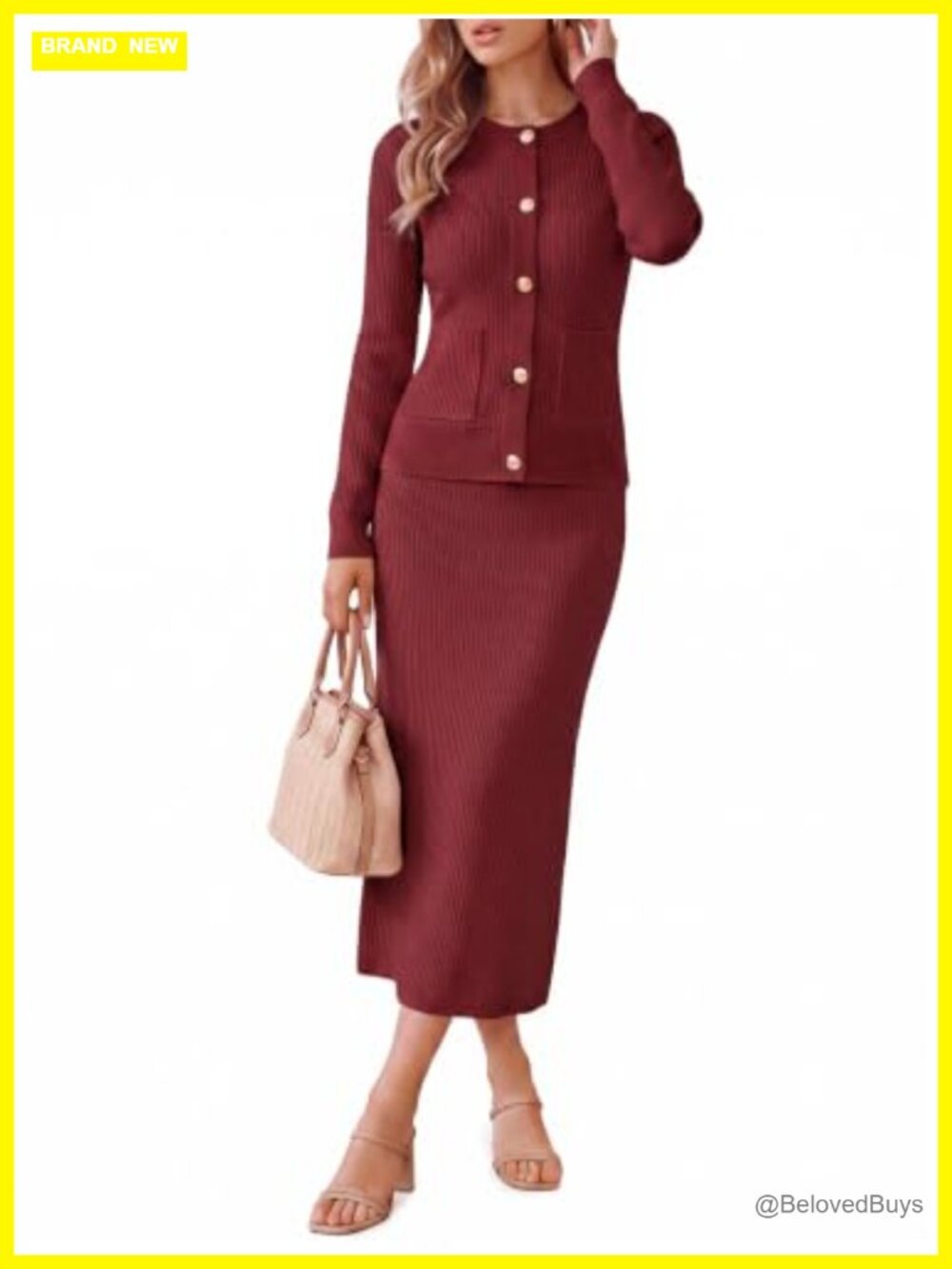 Ribbed Knit 2 Piece Sweater Set Button Down Cardigan Maxi Skirt